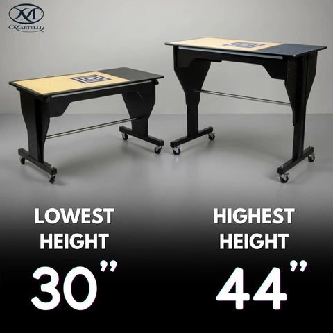 Electric Sewing Table With Rock Solid Height Adjustments And Smooth Tilt Remote Control Craft Desk For Makers Includes Heavy Duty Cutting Mat Plus Sharp Rotary Cutter Workstation Black showing height adjustments from 30 to 44 inches.