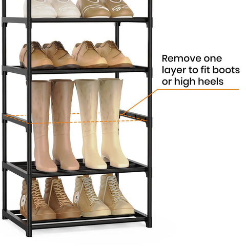 Narrow 10 Tier Shoe Rack For Small Spaces, Tall Entryway And Closet Organizer Holds 20 To 24 Pairs Shoes, Stackable with adjustable shelves for boots.
