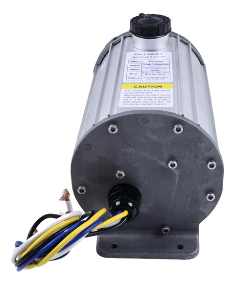 Heavy Duty Electric Hydraulic Trailer Brake Actuator 1000 Psi rear view showing wiring harness and caution label.