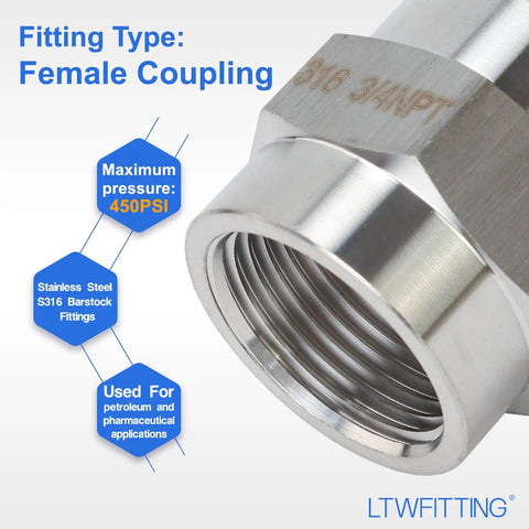 Close-up of 316 Stainless Steel Three Quarter Inch Female NPT Pipe Fitting Coupling For Water Air Oil And Fuel Lines