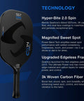 Front view of CX14H Next Level Power Hyper Pickleball Paddle With 3 5 Eighths Inch Handle, 8.5 Oz Weight, 3K Woven Carbon Fiber Face, T-700 Ribbed Core, Upgraded Edgeless Frame, Power Band Technology, Magnified Sweet Spot, Hyper Bite 2.0 Spin.
