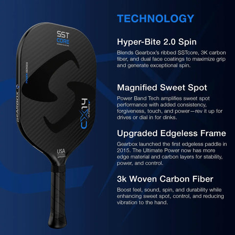 Front view of CX14H Next Level Power Hyper Pickleball Paddle With 3 5 Eighths Inch Handle, 8.5 Oz Weight, 3K Woven Carbon Fiber Face, T-700 Ribbed Core, Upgraded Edgeless Frame, Power Band Technology, Magnified Sweet Spot, Hyper Bite 2.0 Spin.