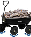 Heavy Duty Garden Dump Cart With 600 Lb Capacity And Flat Free Tires, loaded with firewood, showing durable poly bed and smooth roll.