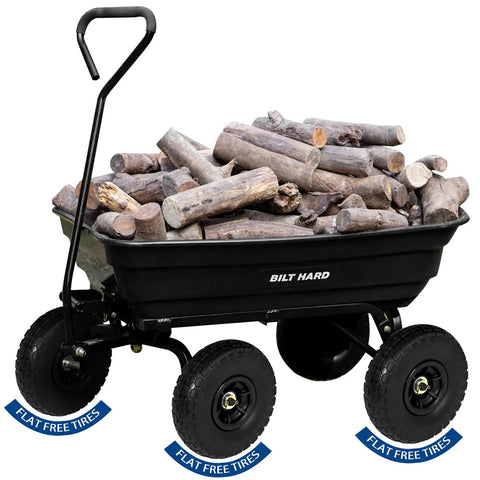 Heavy Duty Garden Dump Cart With 600 Lb Capacity And Flat Free Tires, loaded with firewood, showing durable poly bed and smooth roll.