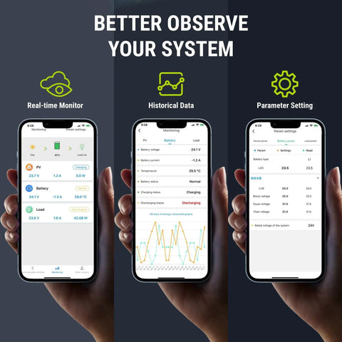Smartphone interface showing features of 20A MPPT Solar Charge Controller For 12V 24V Systems Off Grid Battery Management
