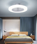 Slim Modern Ceiling Fan With Light For Indoor Kitchens Bathrooms And Bedrooms Remote LED Three Color Change Low Profile Flush Mount Quiet Fandelier With Eleven ABS Blades White in a bedroom setting above a bed.