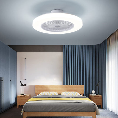 Slim Modern Ceiling Fan With Light For Indoor Kitchens Bathrooms And Bedrooms Remote LED Three Color Change Low Profile Flush Mount Quiet Fandelier With Eleven ABS Blades White in a bedroom setting above a bed.