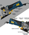 Enventor mini circular saw with laser guide; blue body, yellow controls, includes 3 blades.