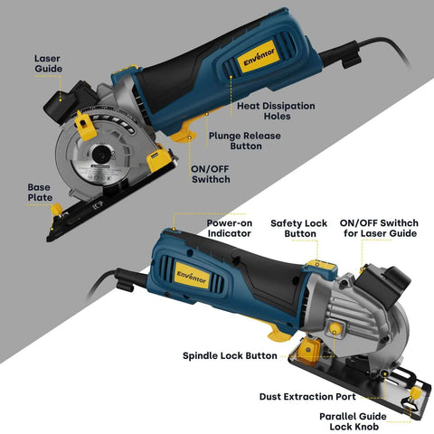 Enventor mini circular saw with laser guide; blue body, yellow controls, includes 3 blades.