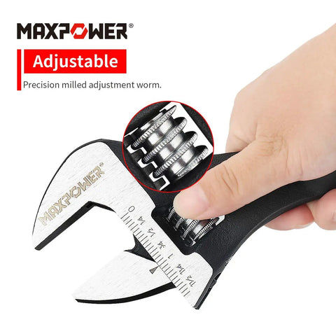 Hand holding 3-Piece Spud Wrench Set With Kitbag, 12 inch adjustable wrench, dual SAE and metric scales, Cr-V steel