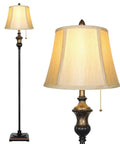 Retro Chic Classic Floor Lamp With Bronze Fabric Shade, Tall Rustic Pole Light For Living Room, Bedroom Or Office, Vintage Elegant Upright Standing Lamp With Easy Pull Chain Switch featuring black metal and weighted base