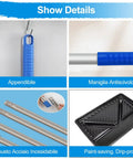 Premium 18 Inch Microfiber Paint Roller Kit Featuring An Adjustable Extension Pole For Flawless Wall And Ceiling Application A Slick Non Shedding Design To Knock Out Your Project In Record Time showing detail of blue anti-slip handle and sturdy stainless steel poles.