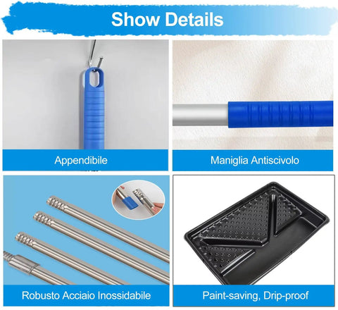 Premium 18 Inch Microfiber Paint Roller Kit Featuring An Adjustable Extension Pole For Flawless Wall And Ceiling Application A Slick Non Shedding Design To Knock Out Your Project In Record Time showing detail of blue anti-slip handle and sturdy stainless steel poles.