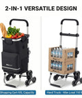 Grocery Cart That Climbs Stairs Foldable With 55L Cooler Pocket And 110 Lb Capacity, Three Wheel Design with groceries and water bottles