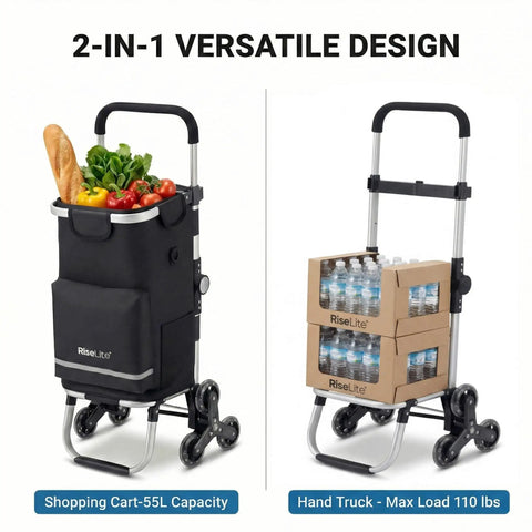 Grocery Cart That Climbs Stairs Foldable With 55L Cooler Pocket And 110 Lb Capacity, Three Wheel Design with groceries and water bottles