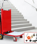 Ditch The Struggle With This Heavy Duty Electric Stair Climbing Hand Truck For Easy Moving Loads That Fold Up Small And Powers You Up Any Flight In Style, red stair climbing dolly on steps.