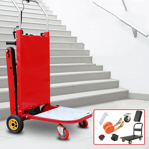 Ditch The Struggle With This Heavy Duty Electric Stair Climbing Hand Truck For Easy Moving Loads That Fold Up Small And Powers You Up Any Flight In Style, red stair climbing dolly on steps.