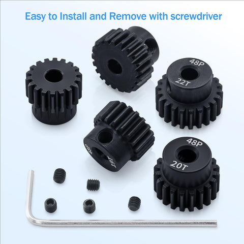48P Pinion Gear Set For One Tenth RC Car With 3.175mm Shaft Hole Includes 18T 19T 20T 21T 22T 48 Pitch Motor Gears Upgrade Kit With Screwdriver 5 Pack For Smooth Mesh Quick Install And Tuned Power