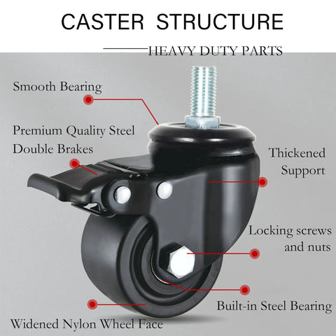 Heavy Duty M16x30mm Stem Casters With Low Gravity Center Swivel Action for Industry and Workbenches, 3 Inch Nylon Wheels, 2 Brakes