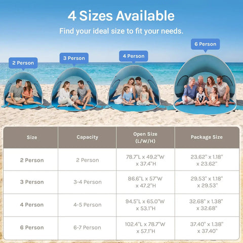 Comparison of 4 sizes of pop up beach tent sun shelter with UPF50+ UV protection, each with different person capacity on beach.