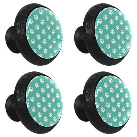 4 Pack Black Round Dog Paw Drawer Knobs With Screws for cabinets, black knobs with paw design on teal background.