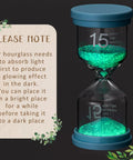 15-minute glow-in-the-dark hourglass from Nine Colorful Luminous Sand Timers Set With 0.5, 1, 2, 3, 5, 10, 15, 20, 30 Minute Intervals Glow In The Dark Hourglasses For Classroom, Home, Office And Kitchen Decor, Perfect For Timed Tasks, Everyday Fun And Vibe. Absorb light before use.