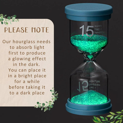15-minute glow-in-the-dark hourglass from Nine Colorful Luminous Sand Timers Set With 0.5, 1, 2, 3, 5, 10, 15, 20, 30 Minute Intervals Glow In The Dark Hourglasses For Classroom, Home, Office And Kitchen Decor, Perfect For Timed Tasks, Everyday Fun And Vibe. Absorb light before use.