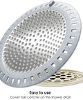 2 Pack Shower Drain Hair Catchers With Stainless Steel Mesh And Soft Silicone Edging, showcasing stainless steel mesh over drain