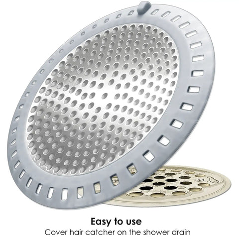 2 Pack Shower Drain Hair Catchers With Stainless Steel Mesh And Soft Silicone Edging, showcasing stainless steel mesh over drain