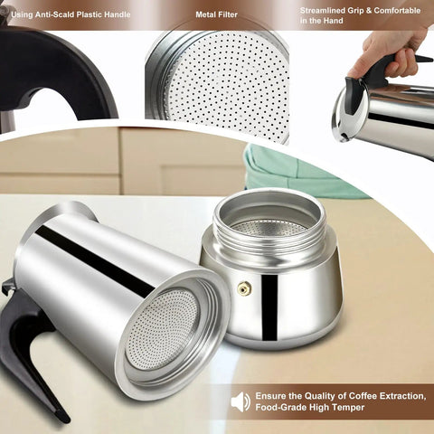 2 Cup Stovetop Espresso Maker In Stainless Steel Moka Pot For Home And On The Go Camping Italian Style Mocha Brew Pot Induction Compatible 100 Ml 3.3 Oz Quick 5 Minute Espresso Rich Aroma And Easy Pour 3.3 Oz stainless steel Moka pot with anti-scald plastic handle and metal filter