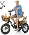 Powerful 1200W Peak Electric Trike For Adults With 48V System Long Range Up To 70 Miles Brushless Motor For Smooth Acceleration And Easy Hill Climb Ideal For Daily Commute And Errands, adult rider with baskets and dog