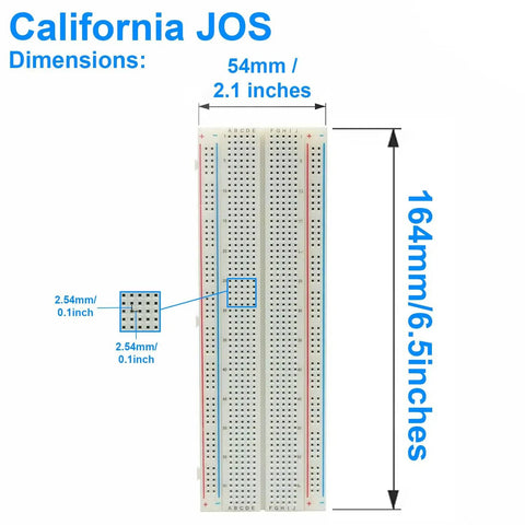 830 Point Solderless Breadboard Kit For Arduino Prototyping 6.5 By 2.1 Inch White ABS Board dimensions and details view