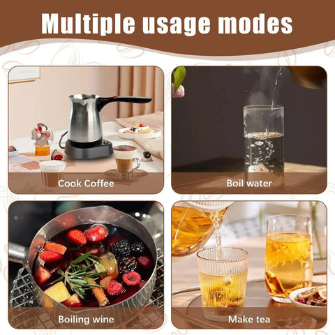 Electric Turkish Coffee Pot 600ml With Foldable Handle Stainless Steel Heating Tea Kettle 110V US Plug showing multiple uses