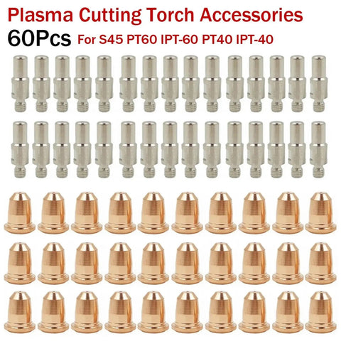 S45 Plasma Consumables 60 Piece Kit For Torch Maintenance Featuring Durable Electrode And Precision Ceramic Nozzles with multiple copper and ceramic parts.