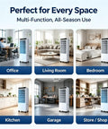 No Hose Portable Swamp Cooler Indoor Standing Air Conditioner With 120 Degree Wide Auto Oscillation And A Massive 10.6 Gallon Tank showcased in office, living room, bedroom, kitchen, garage, store.