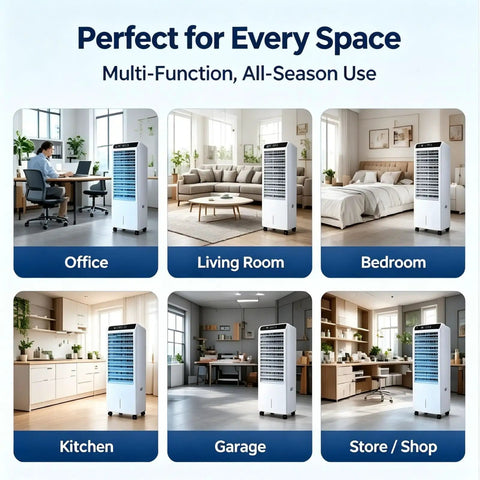 No Hose Portable Swamp Cooler Indoor Standing Air Conditioner With 120 Degree Wide Auto Oscillation And A Massive 10.6 Gallon Tank showcased in office, living room, bedroom, kitchen, garage, store.