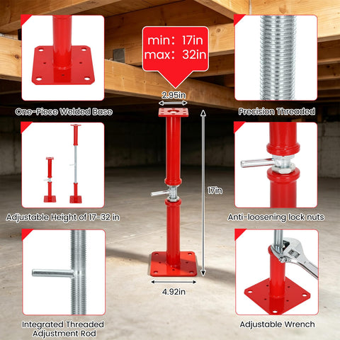 Badass Heavy Duty Adjustable House Floor Jacks With 10000 Lbs Unshakeable Hold Rock Solid Screw Support Posts shown in adjustable height 17-32 in.