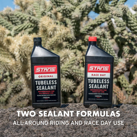 Two bottles of tubeless tire sealant for bikes on rocky surface with cactus background