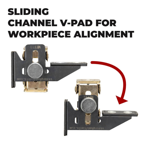 MagTab 2.0 magnetic tab holder for welding with V-pad for precise workpiece alignment and knurled grip for quick adjustments.