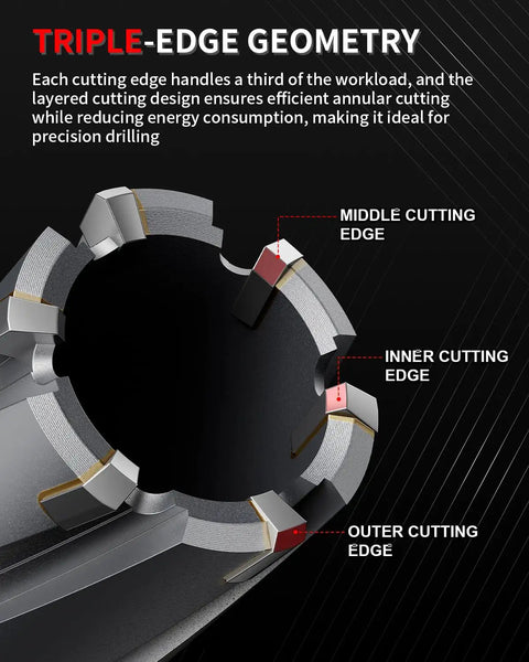 Premium TCT Annular Cutter 9/16 X 1-3/8 Inch Depth showing triple-edge geometry for efficient precision drilling.