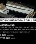 Pro Grade Cobalt Drill Bit Set M35 HSS 135 Degree Twist Jobber Length Built For Hardened Metal Wood Plastic Stainless Steel Cast Iron With Index Storage Case Includes Fractional One Sixteenth To One Half Inch Sizes A To Z And 1 To 60 displayed in open case.