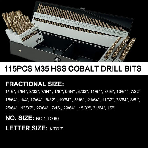 Pro Grade Cobalt Drill Bit Set M35 HSS 135 Degree Twist Jobber Length Built For Hardened Metal Wood Plastic Stainless Steel Cast Iron With Index Storage Case Includes Fractional One Sixteenth To One Half Inch Sizes A To Z And 1 To 60 displayed in open case.