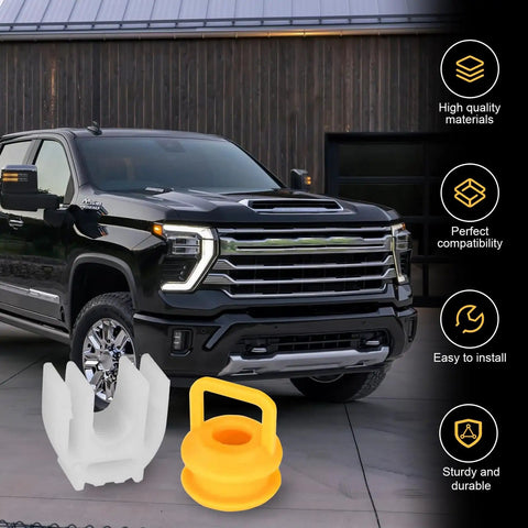 Black truck beside Transmission Shifter Linkage Cable Bushing Repair Kit Nylon Bushing Kit For GM And Chrysler Rides 2004 2020 OEM 14104 15276979 52855956AG Keeps Your Gear Shifting Smooth with white and yellow bushings visible.