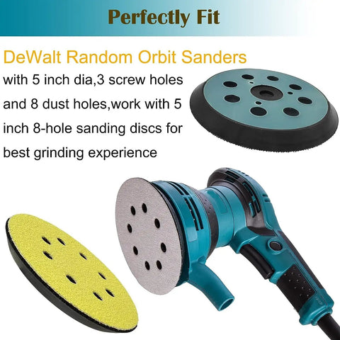 5 Inch Hook And Loop Replacement Sanding Pad With 8 Holes And 3 Screw Holes For Fast No Fuss Orbit Sanding On 5 Inch Sanders Compatible With BO5010 BO5030K BO5031K BO5041K Durable Dust Holes Pad shown with tools