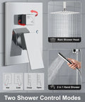 Ceiling Mount Shower System With Rain Showerhead And Handheld Spray High Pressure Chrome Finish 12 Inch Includes Rough In Valve And Trim Kit Rust Resistant SUS304 Stainless Steel With Silicone Nozzles For Easy Cleaning