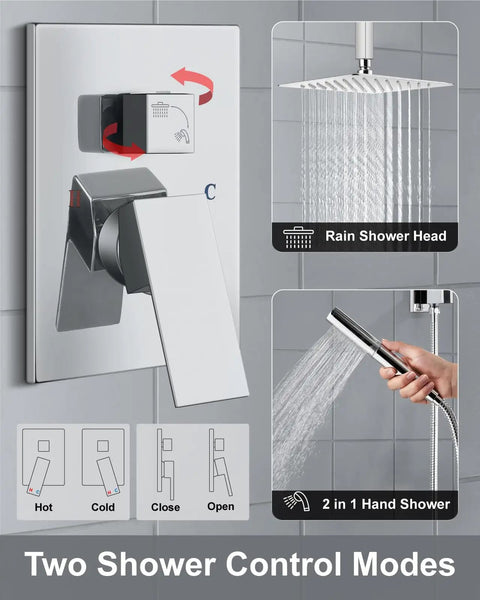 Ceiling Mount Shower System With Rain Showerhead And Handheld Spray High Pressure Chrome Finish 12 Inch Includes Rough In Valve And Trim Kit Rust Resistant SUS304 Stainless Steel With Silicone Nozzles For Easy Cleaning