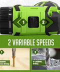 Close-up of Sixteen Point Eight Volt Cordless Drill Kit With Battery And Charger showing dual speed settings and RPM information.