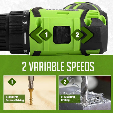 Close-up of Sixteen Point Eight Volt Cordless Drill Kit With Battery And Charger showing dual speed settings and RPM information.