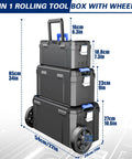 3 In 1 Rolling Toolbox With Wheels, Stackable Modular Tool Storage System, shown with detachable parts box and dimensions