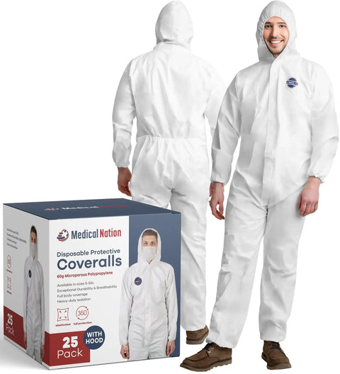 Disposable Hazmat Suits With Hood 25 Pack Heavy Duty Breathable Coveralls Painter Suit Large Size display with box